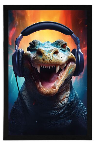 Plakat aligatora ze słuchawkami