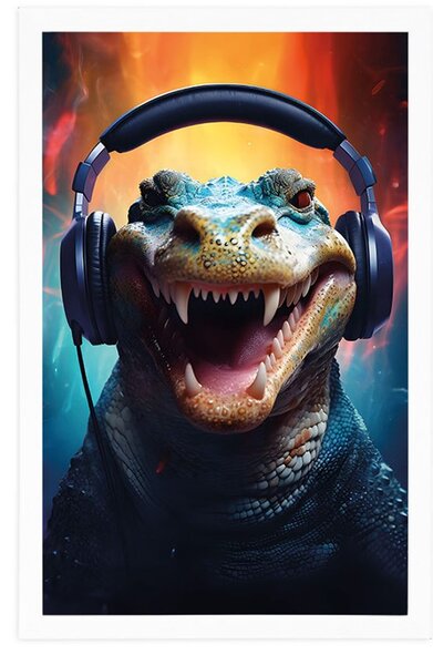 Plakat aligatora ze słuchawkami