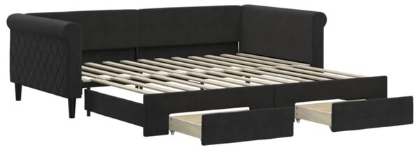 Sofa rozsuwana z szufladami, czarna, 100x200 cm, aksamit