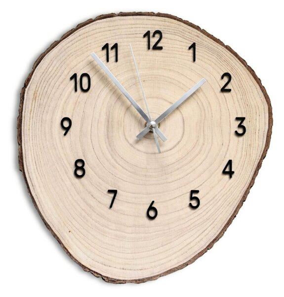 Surowy zegar ścienny z drewna z czarnymi cyframi i korą | KORR