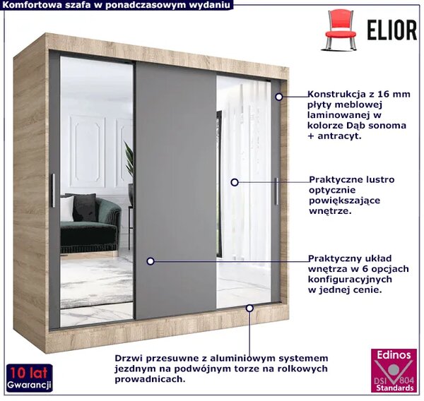 Szafa przesuwna do sypialni dąb sonoma + antracyt 200 cm F6-F50