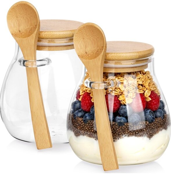 Słoik na jogurt i desery z pokrywką i łyżeczką bambusową 440 ML 2 szt