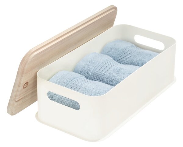 Biały pojemnik z pokrywką z drewna paulownia iDesign Eco Handled, 21,3x43 cm