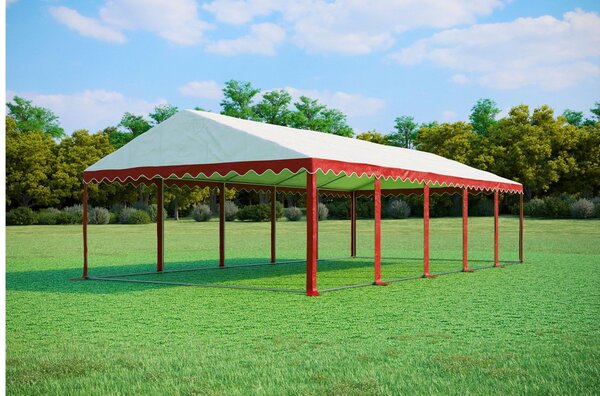 Namiot imprezowy 5x10 m PREMIUM – PVC 500 g/m² z impregnacją ogniochronną, rama dolna + wzmocnienia dachu, do 100 osób - Czerwono-biały