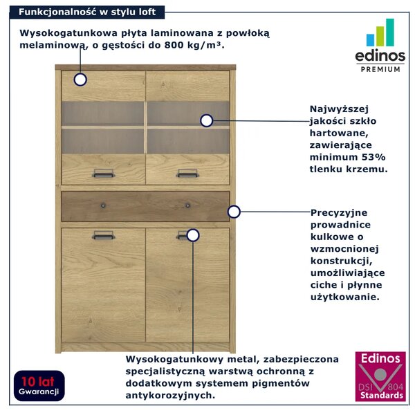 Niska witryna do salonu loft dąb cremona + dąb lefkas F2-S18