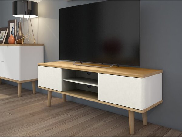 Biała szafka pod TV w dekorze dębu 140x52 cm Alana – Støraa