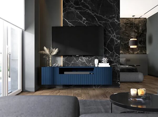 Granatowa ścienna szafka na tv z lamelami E8-B99