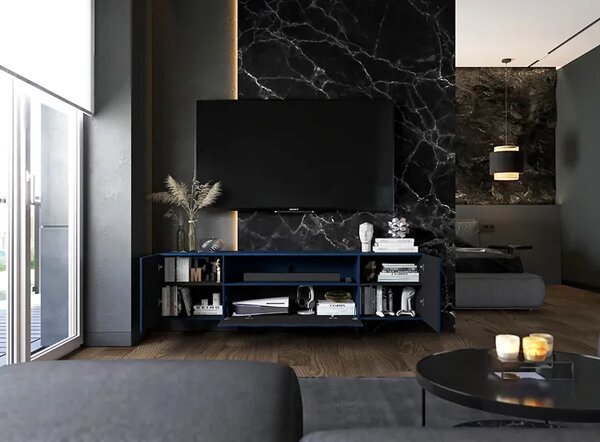 Granatowa ścienna szafka na tv z lamelami E8-B99