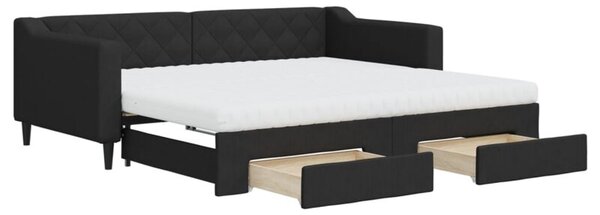 Sofa rozsuwana z szufladami, czarna, 90x190 cm, tkanina