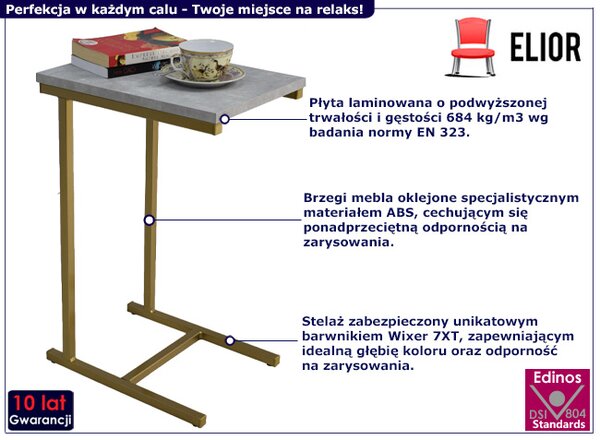 Minimalistyczny stolik boczny złoty + beton N5-B68