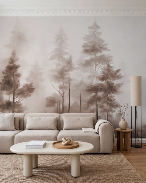 Fototapety Las o zróżnicowanej fakturze z wysokimi sosnami w odcieniach brązu, spowity delikatną mgiełką, Fototapety Natura, w09982v1 : Uwalls.pl