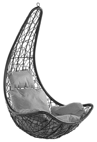Fotel wiszący rattanowy czarny z poduszkami bujak pleciony stalowa rama Atri II Beliani