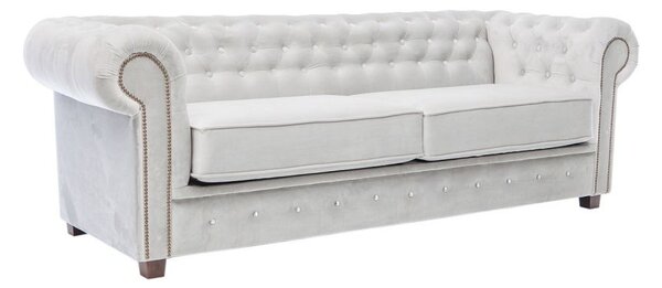 Praktyczna, stylowa jasnoszara sofa trzyosobowa CHESTERFIELD do salonu, pikowana guzikami