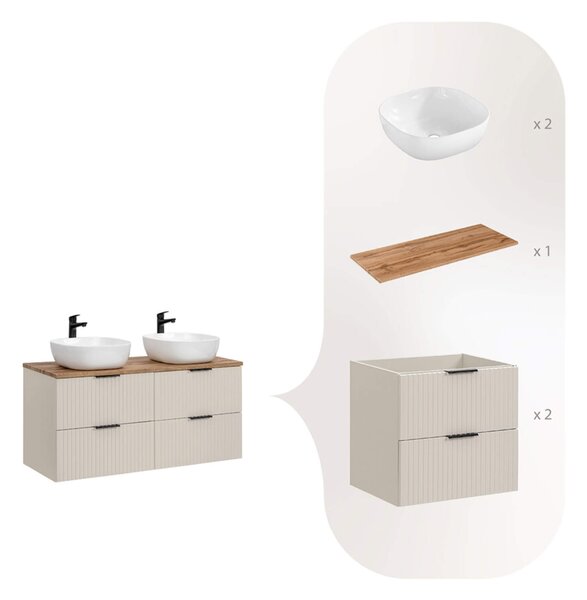 MebleMWM Zestaw meblowy 120cm z blatem i 2 umywalkami nablatowymi Smile | Kolekcja ADEL CASHMERE | Dąb Wotan, Kaszmirowy Mat