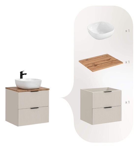MebleMWM Zestaw meblowy 60cm z blatem i umywalką nablatową Smile | Kolekcja ADEL CASHMERE | Dąb Wotan, Kaszmirowy Mat