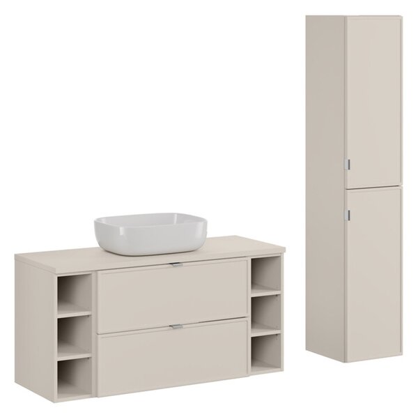 MebleMWM Zestaw meblowy 120cm z blatem, umywalką nablatową Smile i szafką wysoką | Kolekcja Bella Cashmere | Kaszmirowy Mat