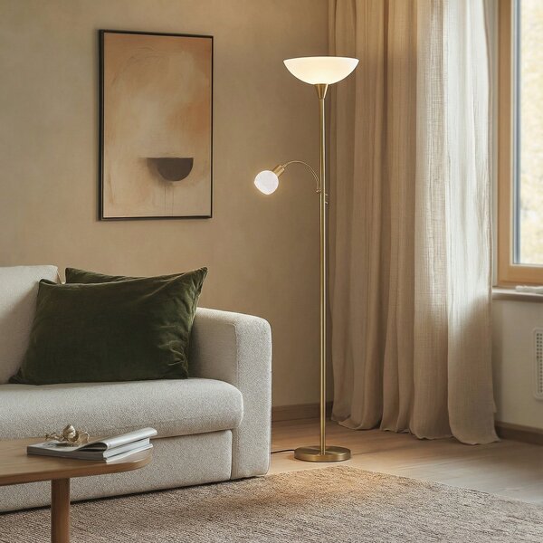 Lampa Podłogowa Lindby, Elaina, złoty | mosiężny, salon, metal, nowoczesny
