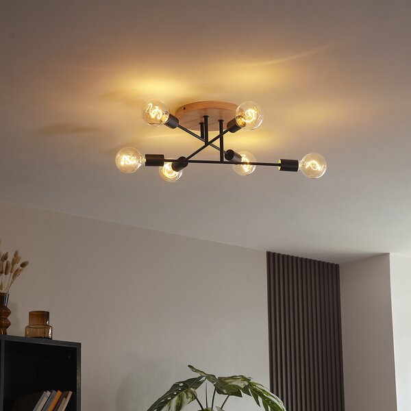 Lampa sufitowa Art Deco czarna z drewnem 6-punktowa - Sydney