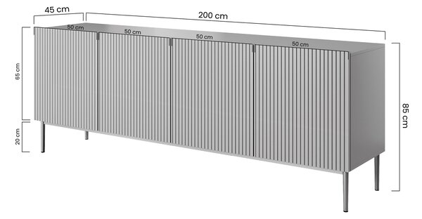 Komoda Nicole 200 cm czterodrzwiowa z ryflowanym frontem - czarny mat / czarne nóżki