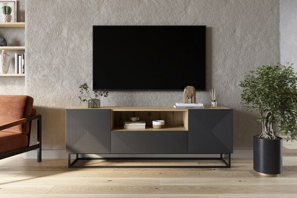 Szafka RTV Asha 167 cm z szufladą i metalowym stelażem - artisan / rivier stone mat