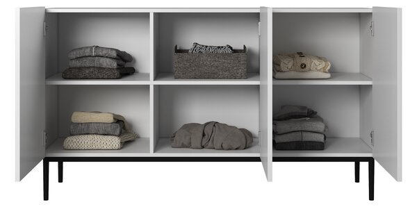 Komoda Nicole 150 cm trzydrzwiowa z ryflowanym frontem - biały mat / czarne nóżki