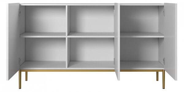 Komoda Nicole 150 cm trzydrzwiowa z ryflowanym frontem - biały mat / złote nóżki