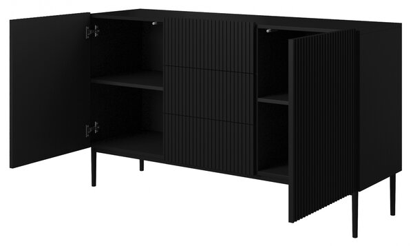 Komoda Nicole 150 cm z szufladami i ryflowanym frontem - czarny mat / czarne nóżki