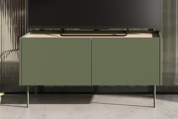 Szafka RTV Desin 120 cm z metalowymi nogami - oliwka / dąb nagano