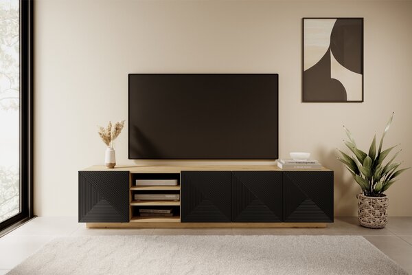Szafka RTV Asha 200 cm z ryflowanym frontem i wnęką - artisan / czarny mat