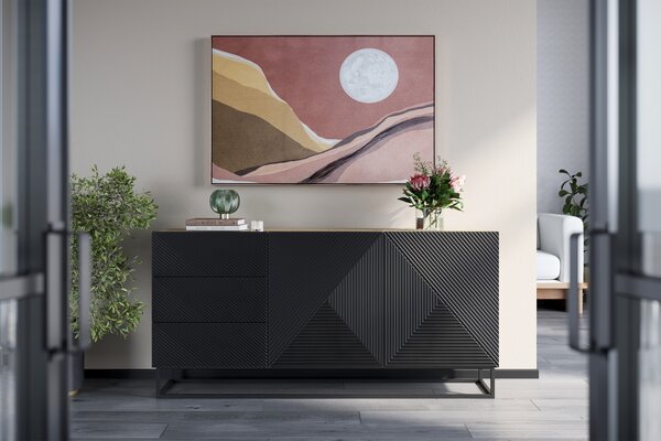Komoda Asha 167 cm dwudrzwiowa z szufladami - artisan / czarny mat / czarny stelaż