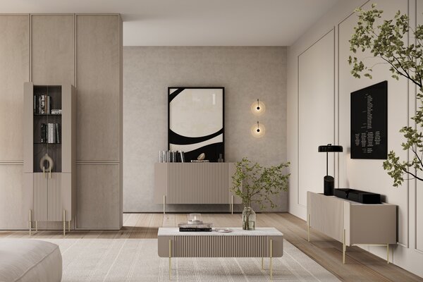 Komoda Malmi 150 cm trzydrzwiowa - kaszmir / crema bianca / złote nóżki