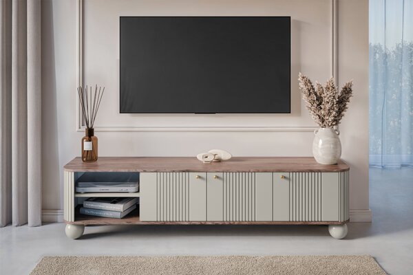 Szafka RTV Vesper 187 cm trzydrzwiowa - kaszmir / orzech / złote uchwyty / nogi kule