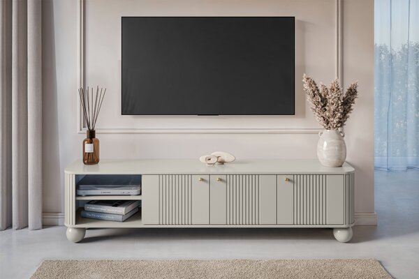 Szafka RTV Vesper 187 cm trzydrzwiowa - kaszmir / złote uchwyty / nogi kule