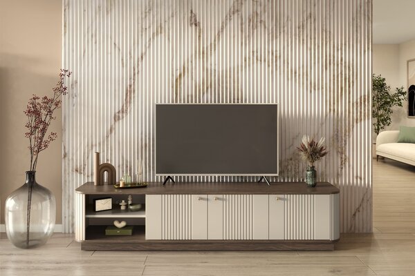 Szafka RTV Vesper 3D 187 cm na cokole - kaszmir / orzech / złote uchwyty