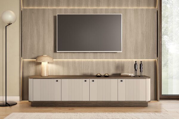 Szafka RTV Vesper 4D 187 cm na cokole - kaszmir / orzech / czarne uchwyty