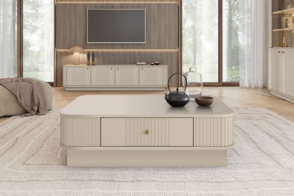 Stolik kawowy Vesper 103x60 cm z szufladą na cokole - kaszmir / złoty uchwyt
