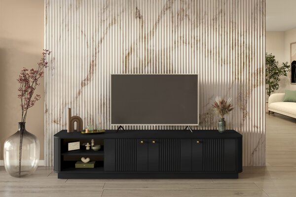 Szafka RTV Vesper 3D 187 cm na cokole - czarny / złote uchwyty