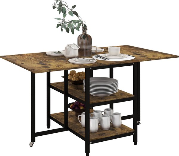 Stół jadalny rozkładany HOMCOM, składany, prostokątny, mobilny stół kuchenny dla 2-6 osób z 2 otwartymi półkami, stół do jadalni 140 cm x 80 cm x 75 cm, rustykalny brąz