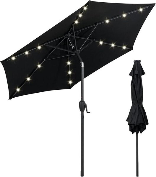 KOMFOTTEU parasol 230 cm z owietleniem LED, parasol ogrodowy z 6 supkami i metalow korb, parasol uchylny na pla, podwórko, basen