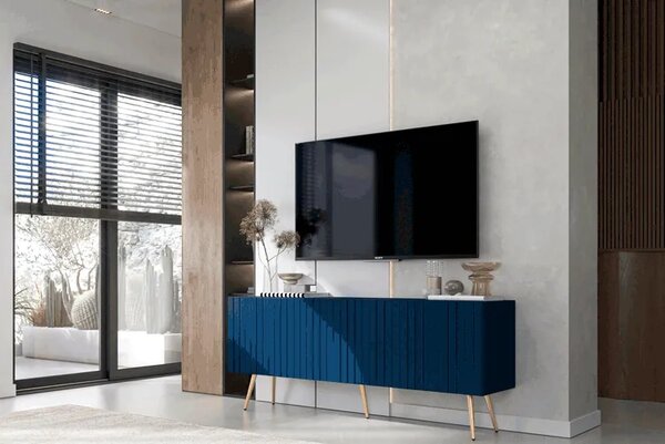 Granatowa lamelowa szafka pod TV glamour E7-B34