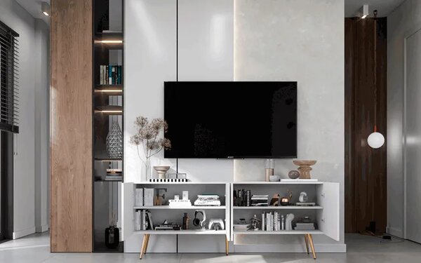 Biały stolik pod TV na złotych nóżkach C8-P29