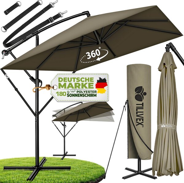 Tillvex® Parasol Aluminiowy Prostoktny Ø 330 cm Brzowy + Pokrowiec z Korb | Parasol Kwadratowy ze Stojakiem i Przedni Szyb | Parasol Ogrodowy Aluminiowy z Ochron UV | Parasol na Korb Wodoodporny 360° Obrotowy