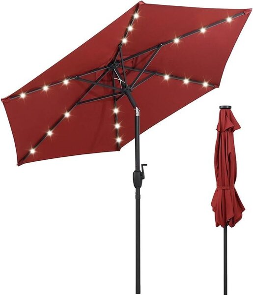 KOMFOTTEU parasol 230 cm z owietleniem LED, parasol ogrodowy z 6 supkami i metalow korb, parasol uchylny na pla, podwórko, basen
