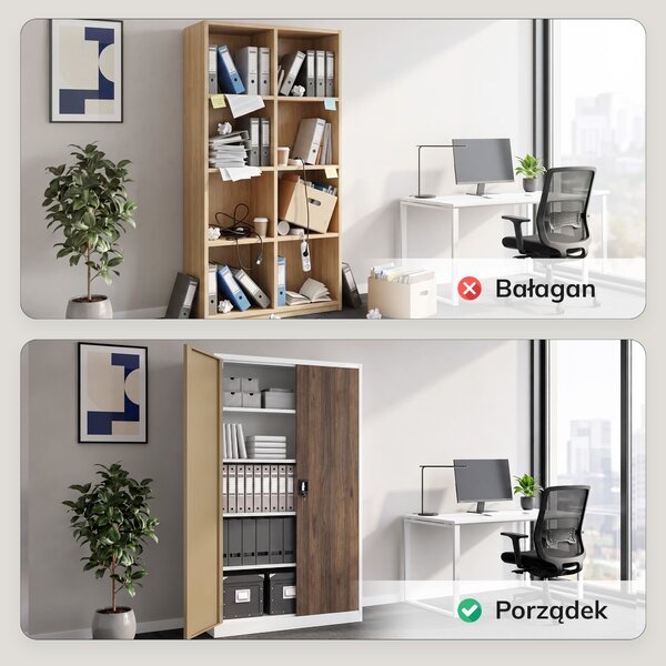 Szafa biurowa metalowa na akta biała / orzech: Eco Design JAN II, 1150 x 1850 x 400 mm