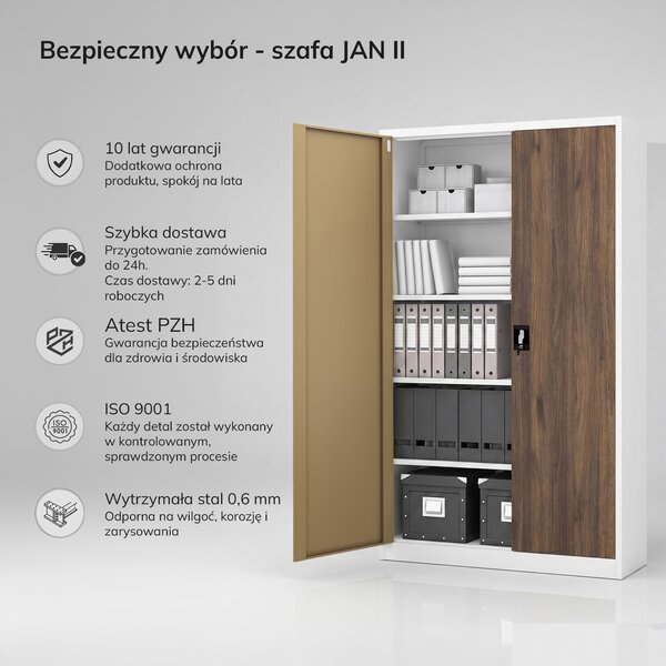 Szafa biurowa metalowa na akta biała / orzech: Eco Design JAN II, 1150 x 1850 x 400 mm