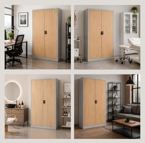 Szafa biurowa metalowa na akta szara / dąb sonoma: Eco Design JAN II, 1150 x 1850 x 400 mm