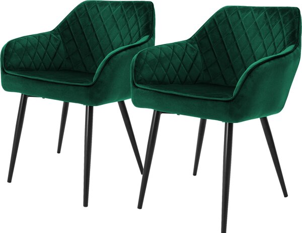 ML-Design zestaw 2 krzeseł do jadalni z podłokietnikami i oparciem, ciemnozielone, krzesło kuchenne z aksamitnym obiciem, tapicerowane krzesło z metalowymi nogami