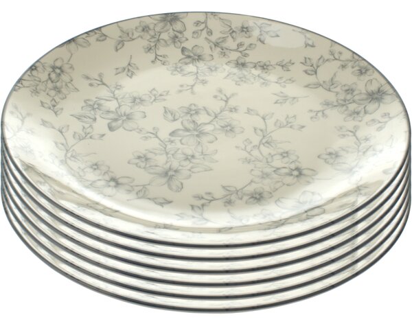 Zestaw 6 płytkich talerzy Delikatne kwiaty 26 cm, szary