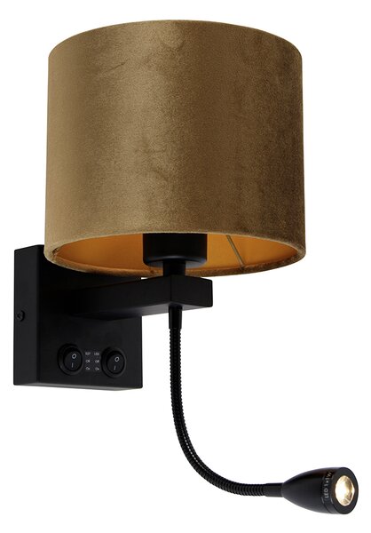 Lampa ścienna czarna z aksamitnym abażurem w kolorze brązu 18 cm - Brescia