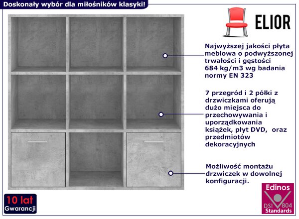 Regał na książki z półkami i 2 drzwiczkami beton G4-E63
